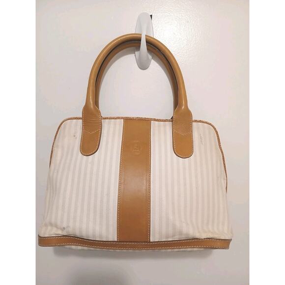 Fendi Pequin Striped White Satchel Handbag Purse Vintage Authentic Clean Classic